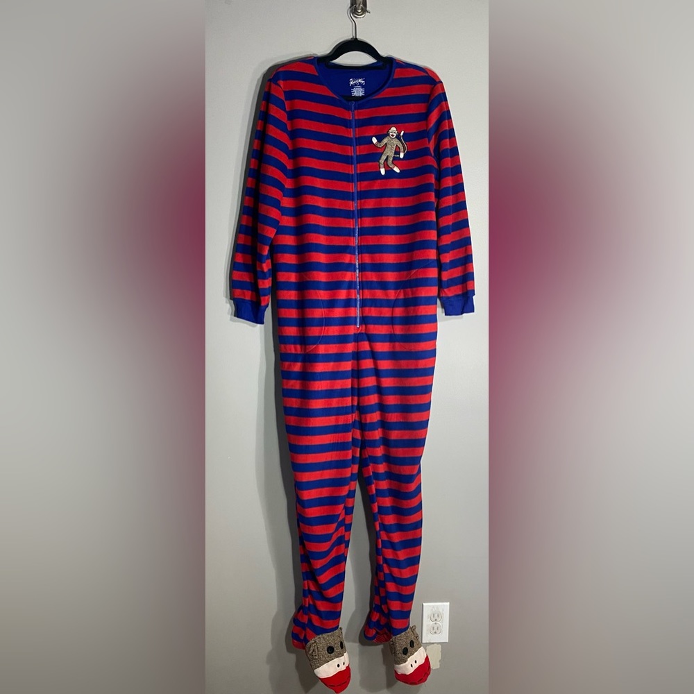 Nick and Nora L Sock Monkey 
One piece pajama suit 
Pockets on either side